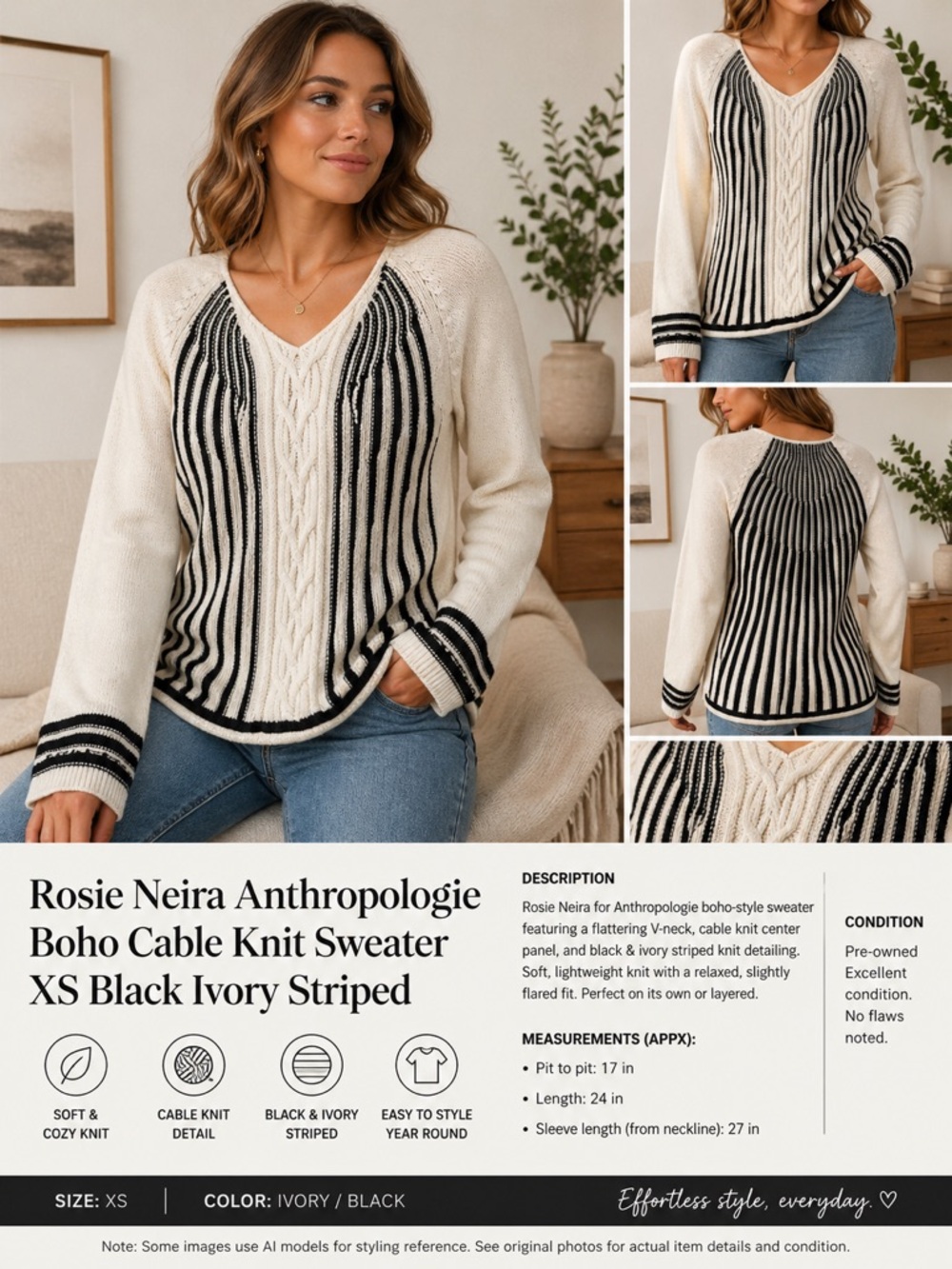 Rosie Neira Anthropologie Cable Knit Sweater XS Black Ivory Boho